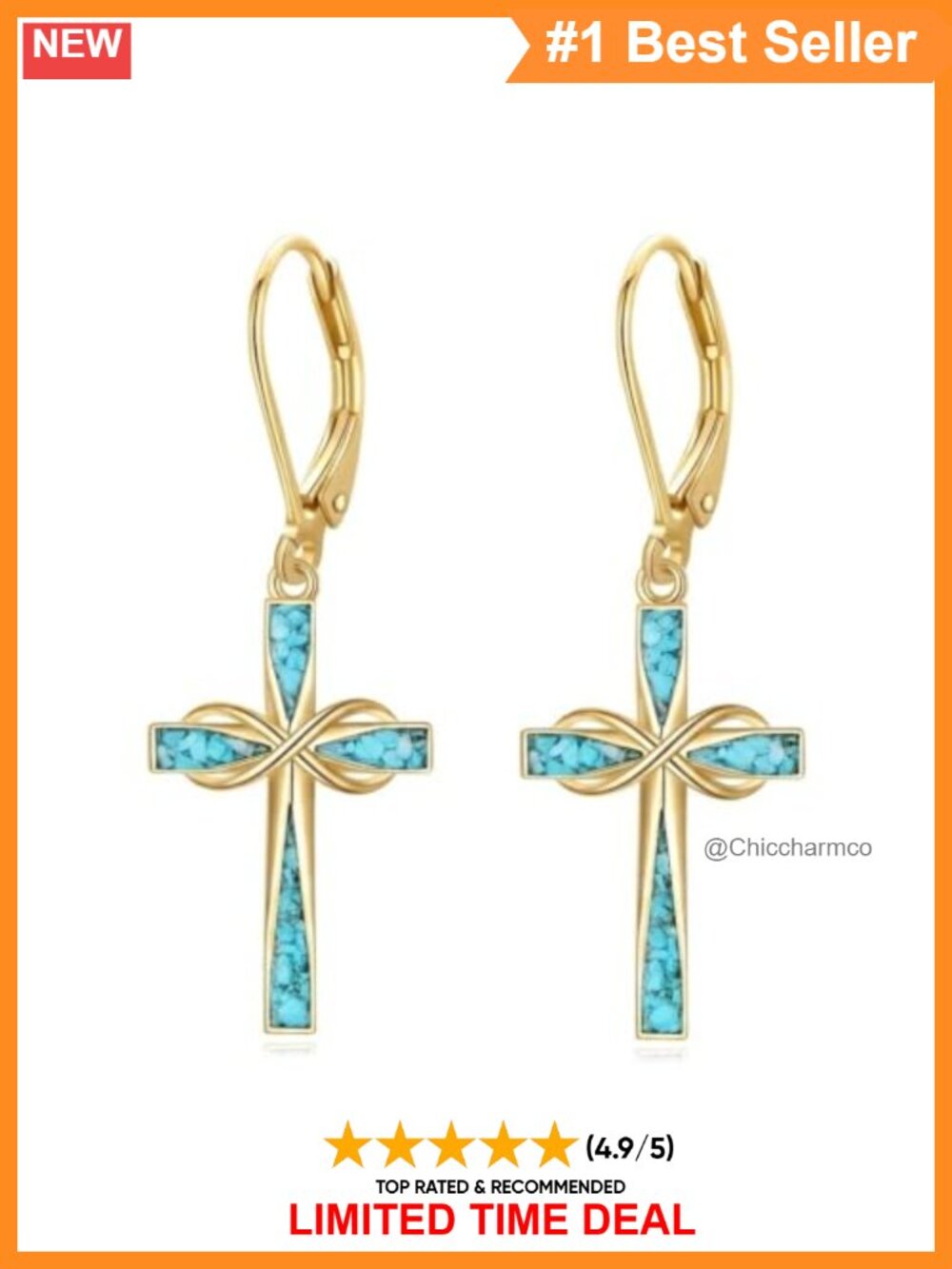 925 Sterling Silver Turquoise Cross Dangle Earrings 14K Gold Plated